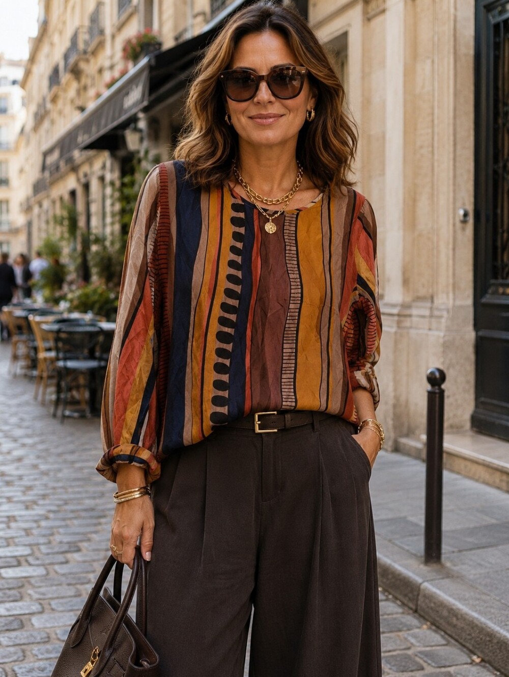 Emery Rose Striped & Geo Print Casual Long Sleeve Blouse Earthy Multi-colours